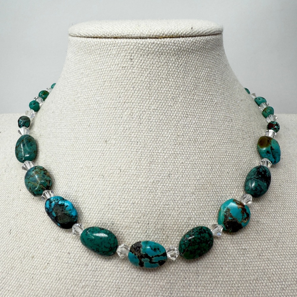 Vintage Turquoise Stone Necklace Beaded Crystal Accent Barrel Clasp Blue Oval